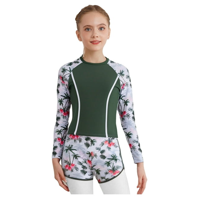 Yhong Kids Girls 2Pcs Rash Guard Swimsuit Vibrant Print Sun Protection Top and Shorts Surfing Beach Bathing Suit Green 90