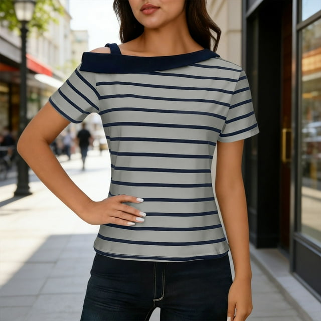 HongQid Women's Off Shoulder Tops, One Shoulder Shirts, Short Sleeves Tunic Tees