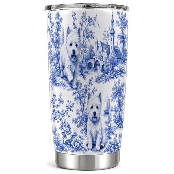 West Highland Terrier Tumbler 20 oz, Blue Toile Travel Cup, Scenic Puppy Drinkware with Countryside Floral Artwork, Stainless Steel Mug for Dog Lovers Coffee Moments