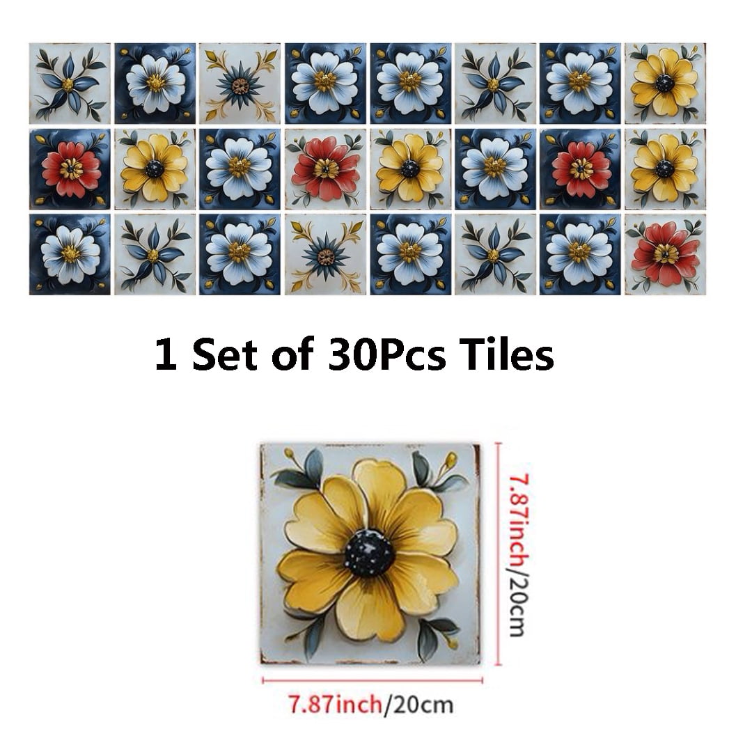 30Sheets Tile Wall Sticker Kitchen Backsplash 7.87"x7.87" Waterproof Removable DIY Flowers Decals Peel and Stick PVC Tiles