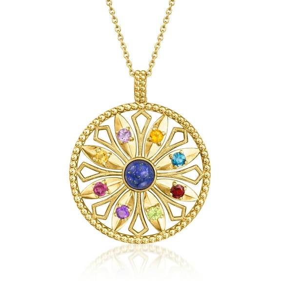 Ross-Simons Lapis and .60 ct. t.w. Multi-Gemstone Flower Pendant Necklace in 18kt Gold Over Sterling, Women's, Adult
