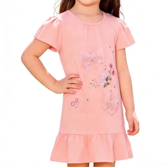 Spazoro Toddler Girls Dress, Floral Embroidery & Bow Short Sleeve Crew Neck Casual Summer Shirt Dresses Pink Size 3