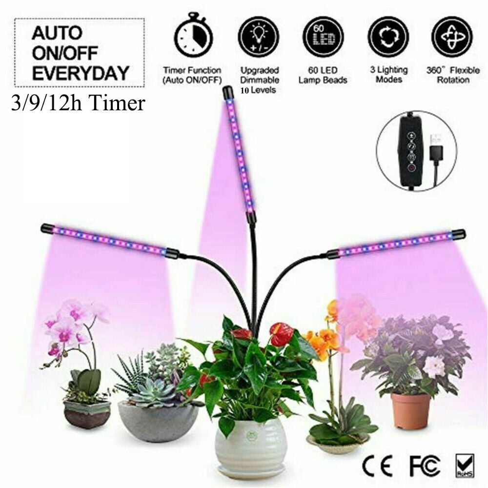 Plant Grow Light Dual Head LED Lamp 3 Mode Timer 360 Degree Dimmable Flexible 