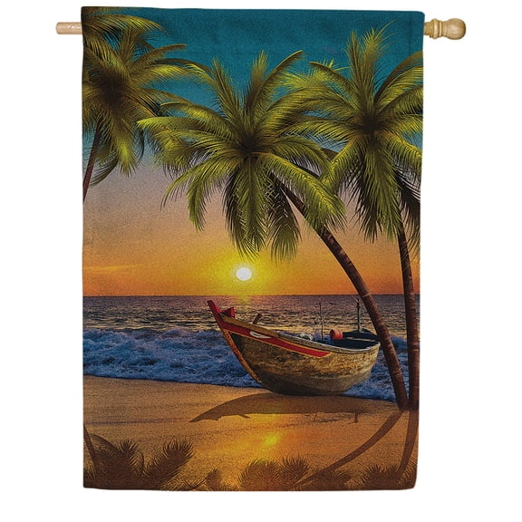 America Forever Tropical Beach Sunset House Flag 28 x 40 inches Palm Tree Seashore Coastal Boat Nautical Double Sided Yard Outdoor Decorative Flag