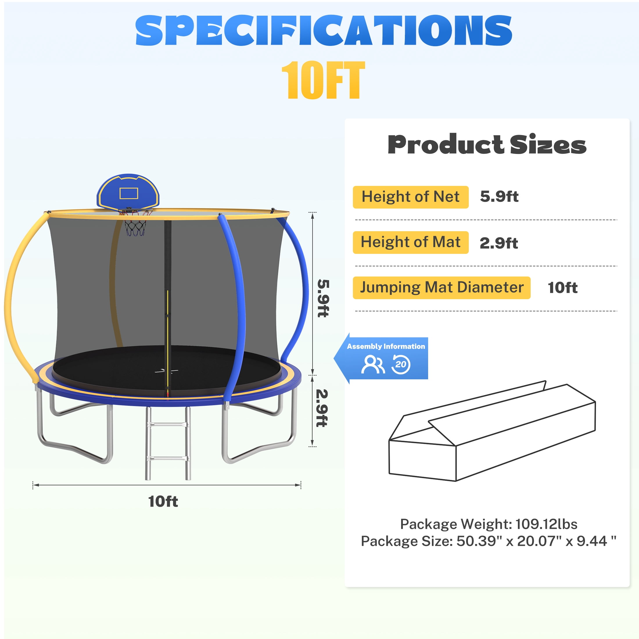 10 FT Trampoline for Kids with Basketball Hoop, SEGMART Upgraded Kids Outdoor Trampoline with Enclosure Net and Ladder, Heavy Duty Round Recreational Trampoline for Indoor Outdoor Backyard