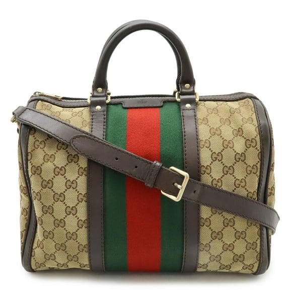 Pre-Owned GUCCI GG Canvas Sherry Line Handbag/Shoulder Bag in Khaki Beige and Dark Brown...