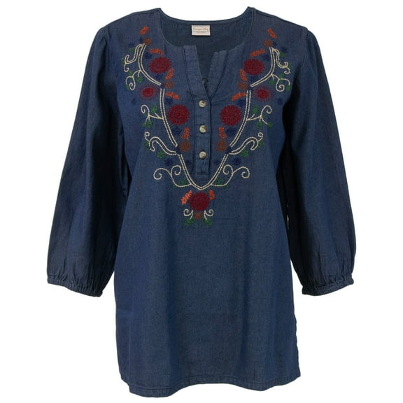 Canyon Sky Women's Embroidered Denim Blue Long Sleeve Shirt - Small