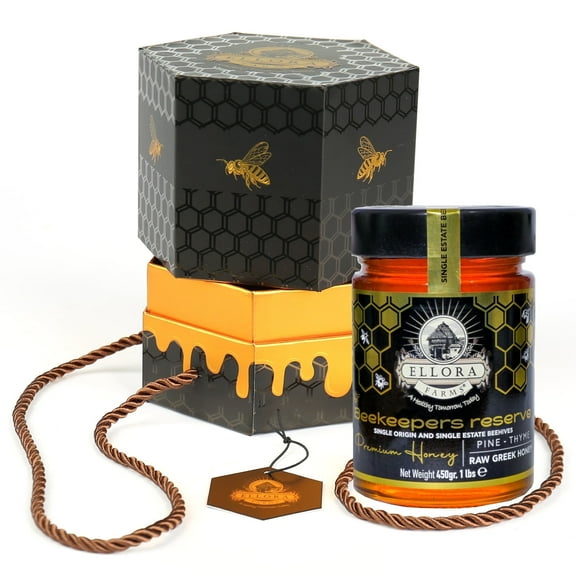 Ellora Farms, PDO Raw Greek Honey, Beekeepers Reserve Gift of Honey, Raw & Unfiltered Superfood, Honey Pot Pack with Dipper, Pine & Thyme Honey, 16 oz (450gr)