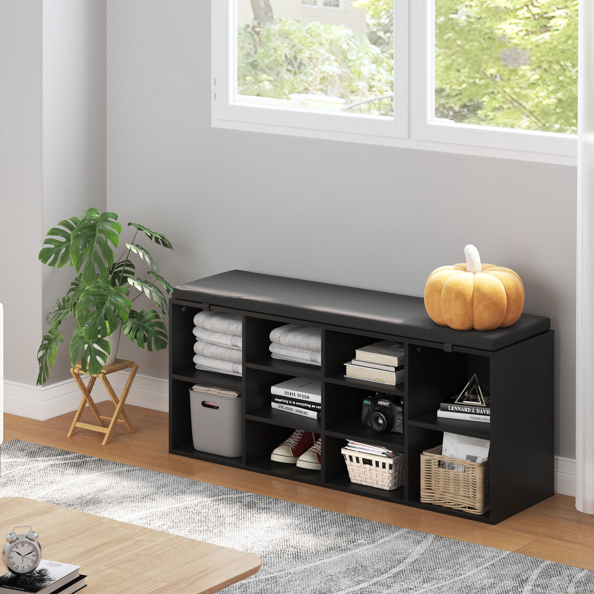 Shoe Storage Bench, 10 Cubbies Storage Rack Bench with Padded Seat, Space Saving Shoe Shelf for Entryway, Living Room, Hallway, Bedroom,Black