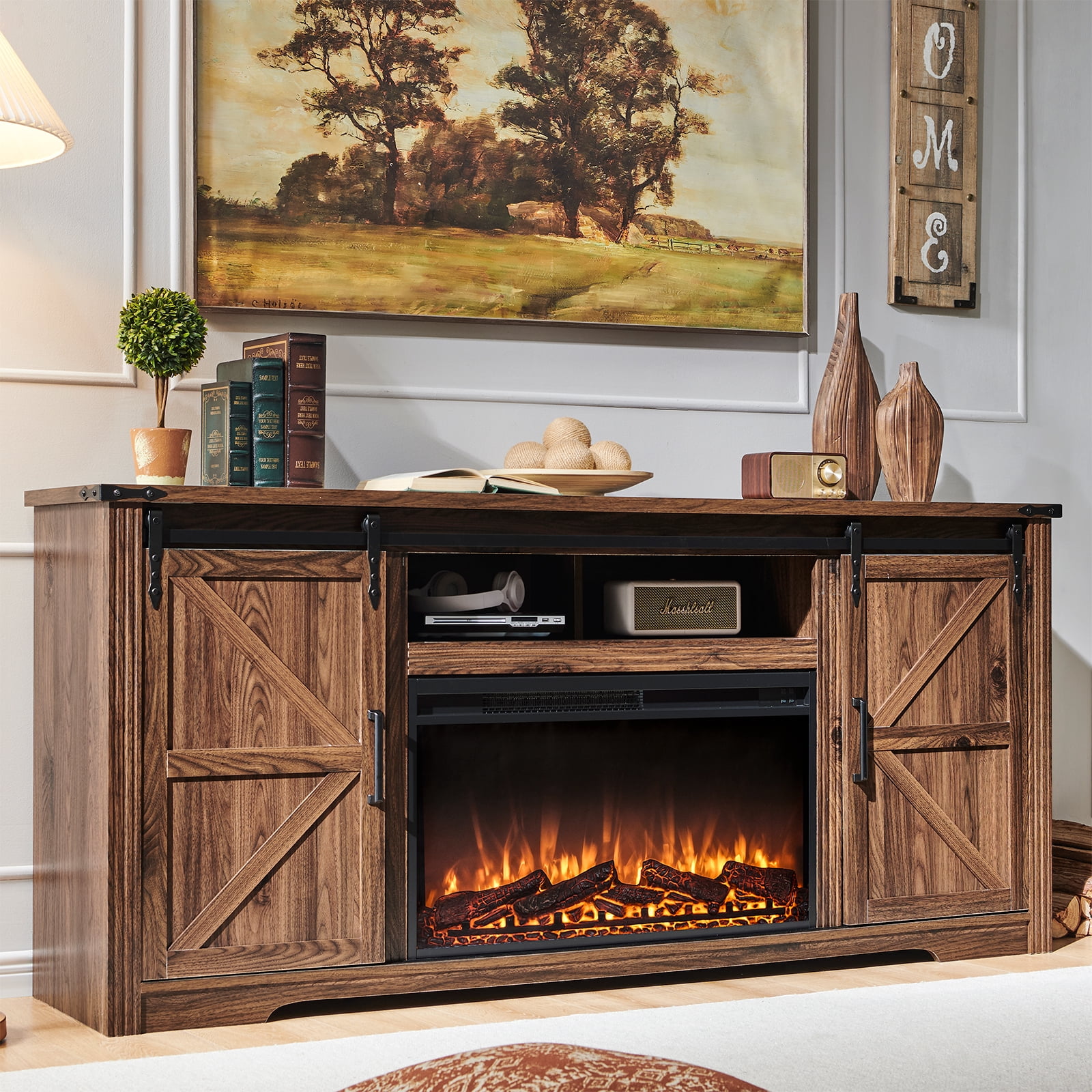 T4TREAM Farmhouse TV Stand for TVs up to 80", Entertainment Center with 30" Electric Fireplace and Sliding Barn Door&4 Drawers Storage Inside, Reclaimed Barnwood