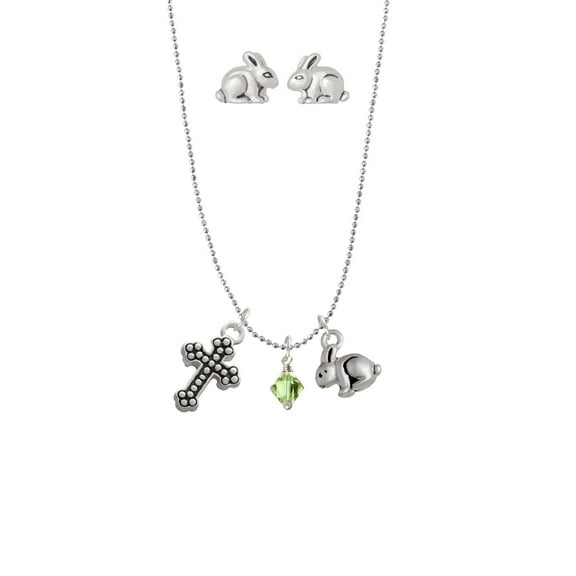August - Lime Green Crystal Bicone Silver Tone Cross and Bunny Necklace and Earrings Set
