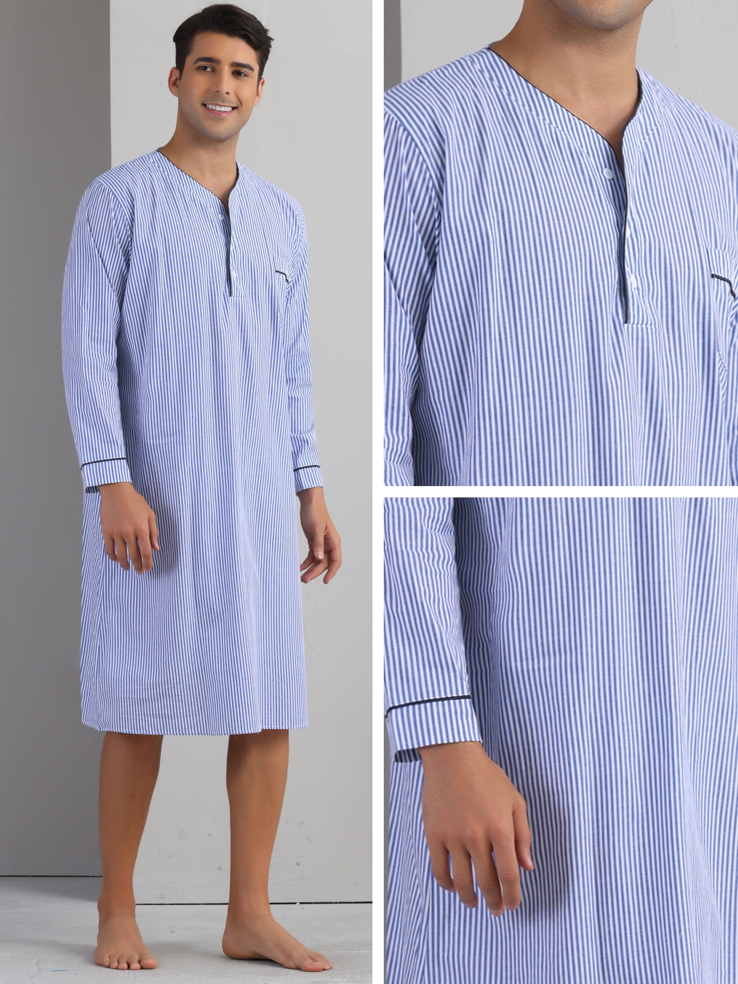 DARING DIVA Men's Striped V-Neck Button Front Long Sleeve Comfortable Nightshirt 2XL Blue