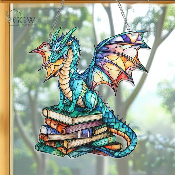 Book Dragon Suncatcher Ornament, Fantasy Dragon Acrylic Window Hanging, Dragon Gift, Bookish Home Decor, Librarian Gift, Book Lover Gifts