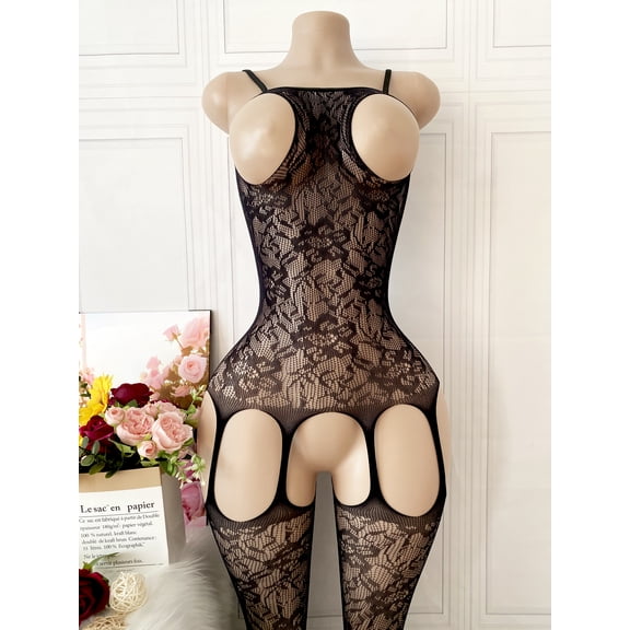 Black Intricate Floral Lace Open-Cup Crotchless Bodystocking, Thin Strap Cutout Garter Style Exotic Lingerie Nightwear for Women, One Size Fits Most