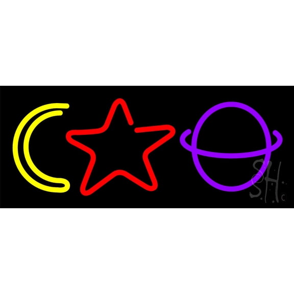 Moon Star Planet LED Neon Sign 6 x 15 - inches Black Square Cut Acrylic Backing, with Dimmer - Bright and Premium built indoor LED Neon Sign for Storefront.