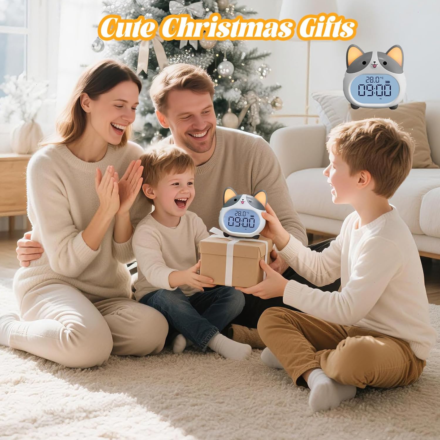 Alarm Clocks for Kids - Cute Dog Clock with Night Light, 6 Alarm Tones, Snooze, Timer, Date and Temperature Display - Rechargeable Battery Operated Digital Clocks for Bedroom Kids Room