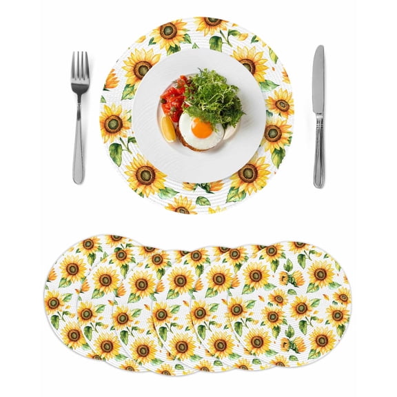 Round Woven Placemats set of 6, Floral Botanical Print Washable&Heat Resistant Plastic Wipeable Placemats for Round Table Watercolor Sunflower Pattern Kitchen Dining Table Decor, 15in,