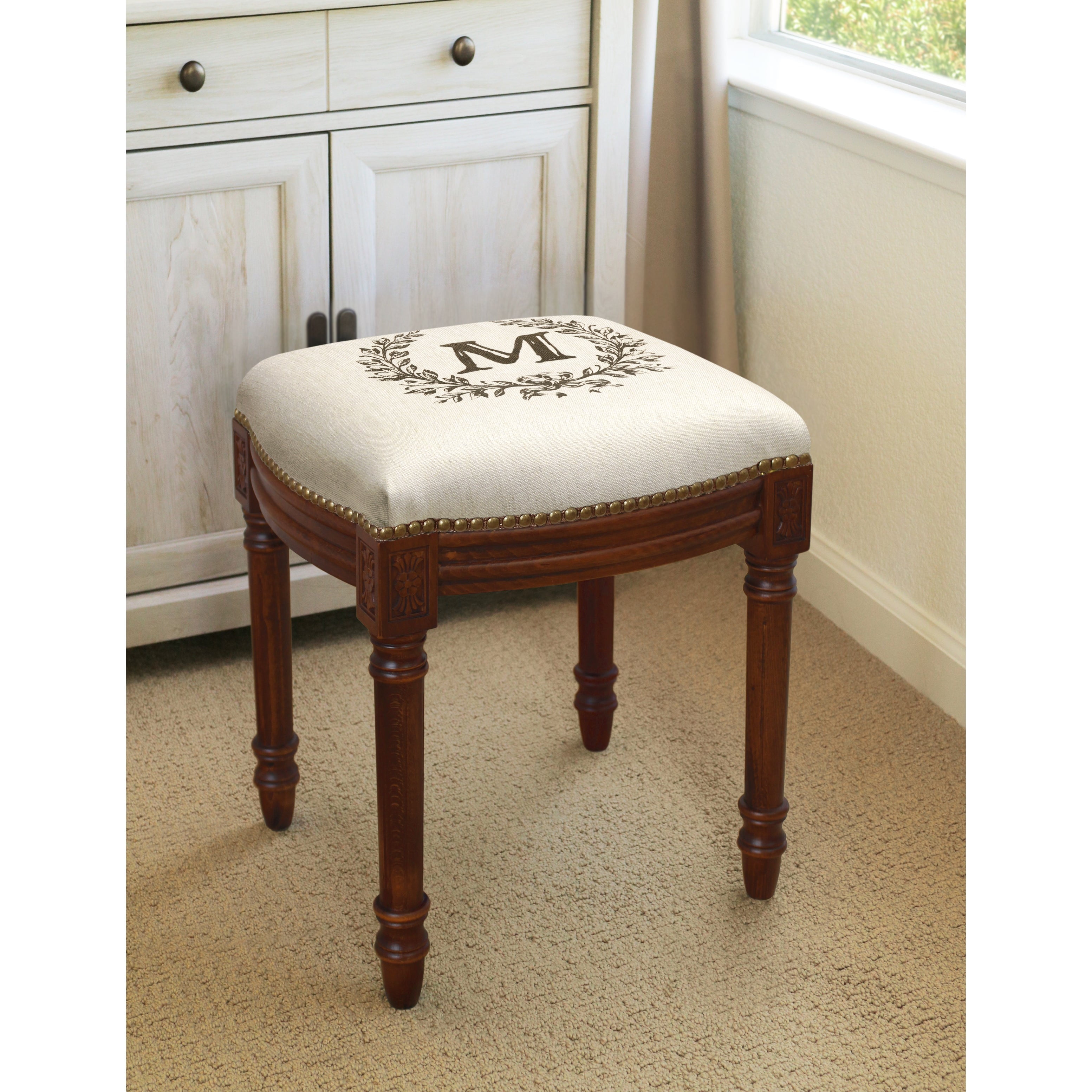 123 Creations Monogram Victorian Traditional Chestnut Foam Linen Wood Vanity Stool Walmart Com Walmart Com