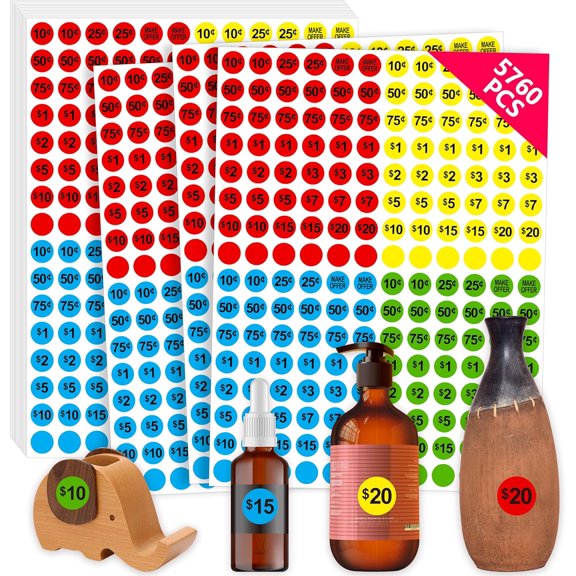 5760 PCS Pre-Priced Pricing Stickers, Sale Labels in 4 Bright Colors (Yellow/Red/Green/Cyan), Price Tag Stickers for Yard/Garage Sale, Flea Market (3/4” in Diameter)