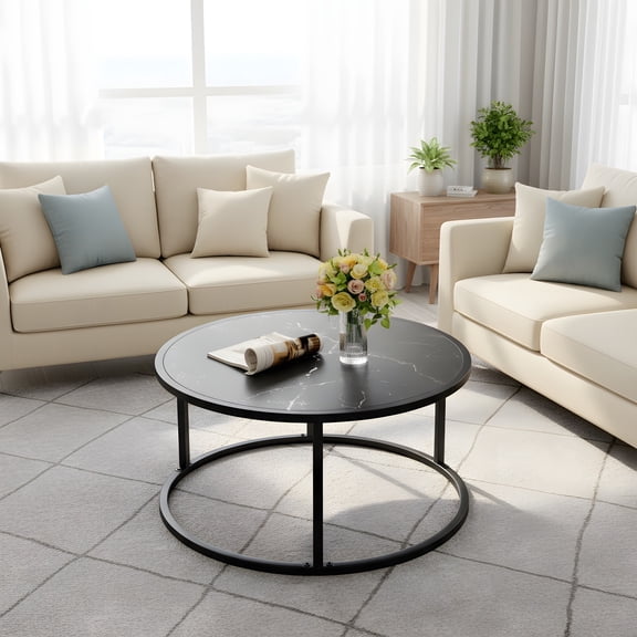 Round Black Coffee Table with Faux Marble Top - Modern Living Room Accent