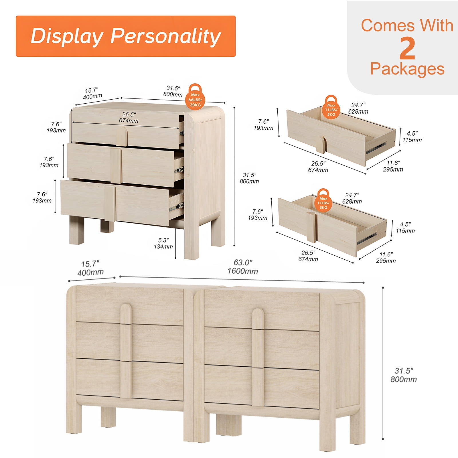 3 Drawer Curved Dresser for Bedroom Set of 2, Mid Century Modern Chest of Drawers, Wood Storage Dresser Organizer for Bedroom Living Room Hallway Closet