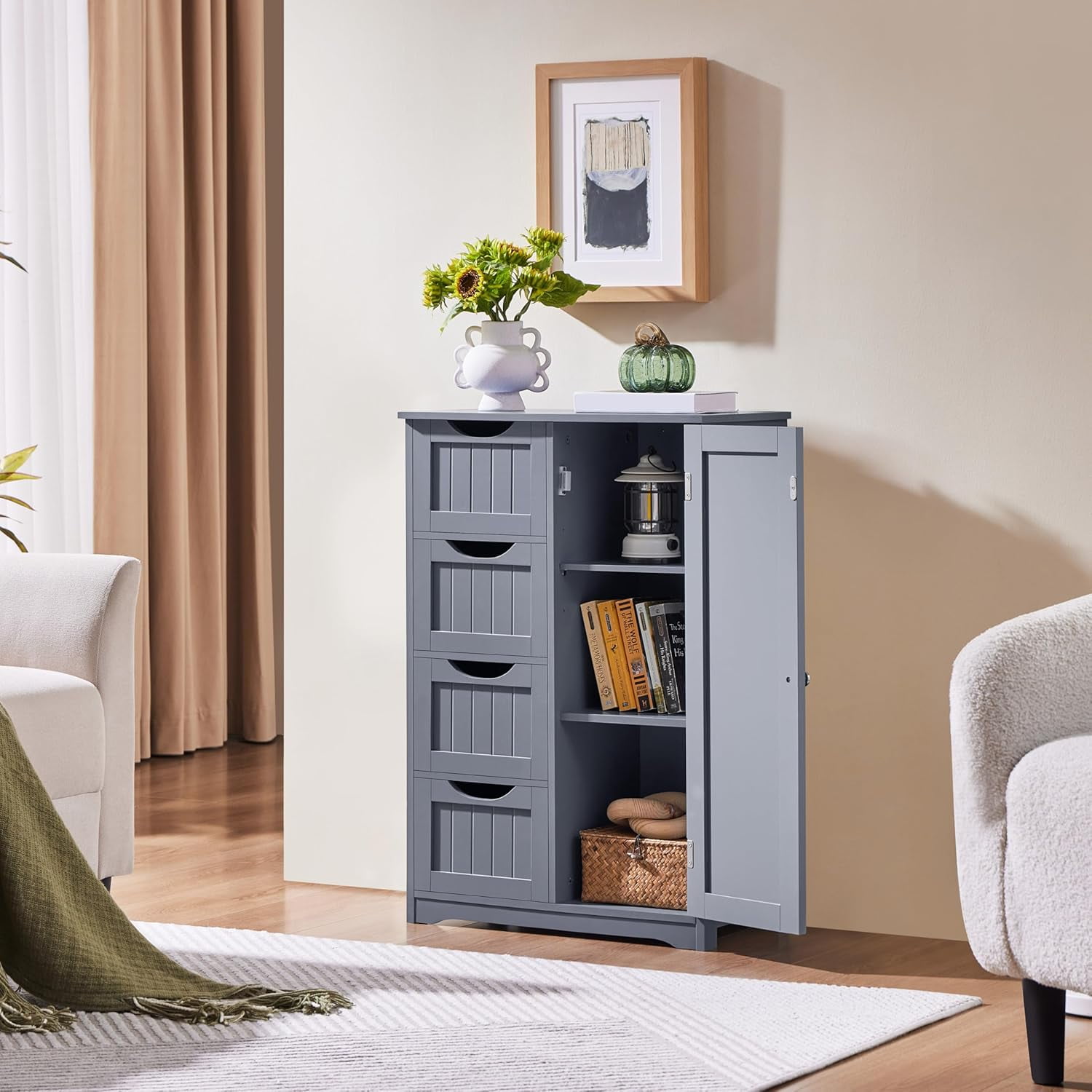 Bathroom Floor Cabinet, Freestanding Storage Organizer Unit Kitchen Cupboard W/ 4 Drawers & Adjustable Shelves, Using for Kitchen/Bathroom, Gray