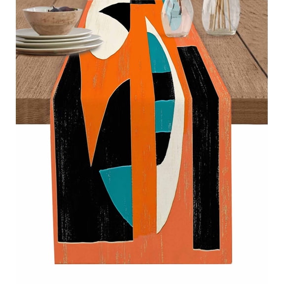 Orange Teal Black Table Runner 72 Inches, Modern Impressionist Geometric Bed Runner Dresser Scarves Tabletop for Indoor Outdoor Parties/Ceremony/Banquet, 13" x 72"