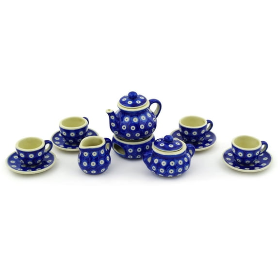 Polish Pottery 3¼-inch Miniature Tea Set (Blue Eyed Peacock Theme) Hand Painted in Boleslawiec, Poland + Certificate of Authenticity