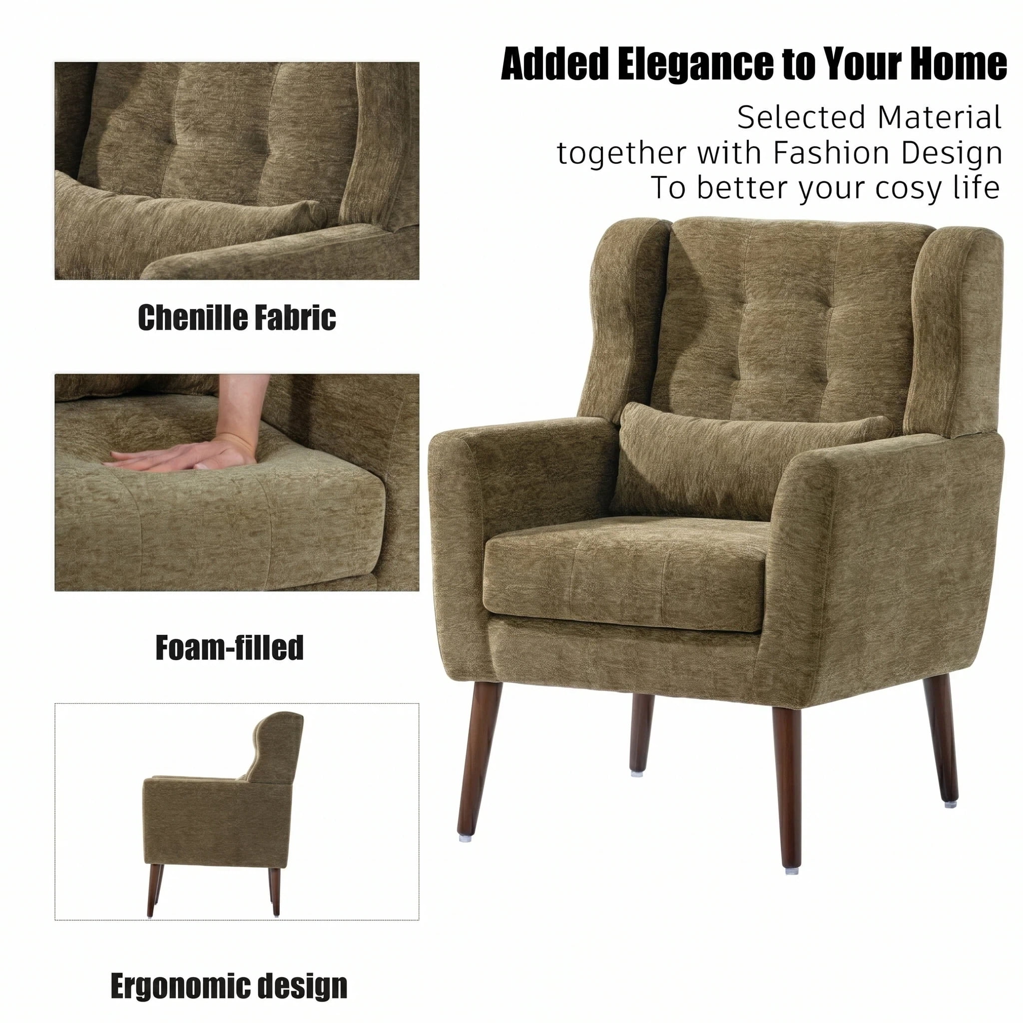 AISWORD Modern Accent Chair, Upholstered Armchair with Pillow, Fabric Single Sofa Chair with Lounge Seat and Wood Legs Accent Chair for Living Room Bedroom Small Spaces, Olive Green