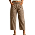 thumbnail image 3 of Women's Straight Leg Capri Pants Elastic Waist Cotton Blend Lounge Khaki Loose Fit Cropped Pants with Pockets Size L, 3 of 7
