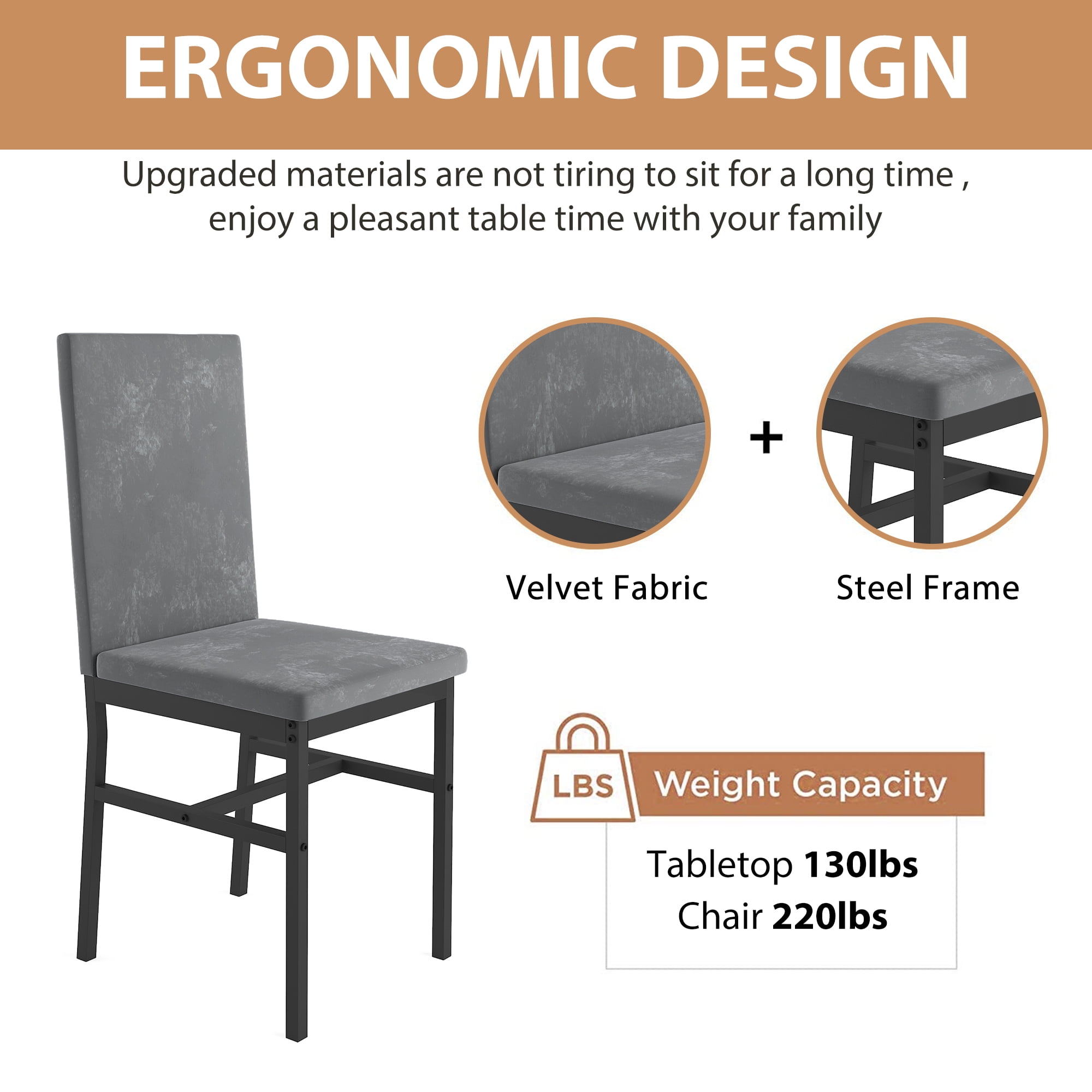 UHOMEPRO 5 Pieces Dining Table Set, Marble Top Dining Table and Chairs Set for 4, Gray Sturdy Iron Frame Dining Room Table Set with 4 Velvet Upholstered Chairs for Small Dining Room