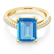 Gem Stone King 4.26 Ct Swiss Blue Topaz White Created Sapphire 18K Yellow Gold Plated Silver Ring
