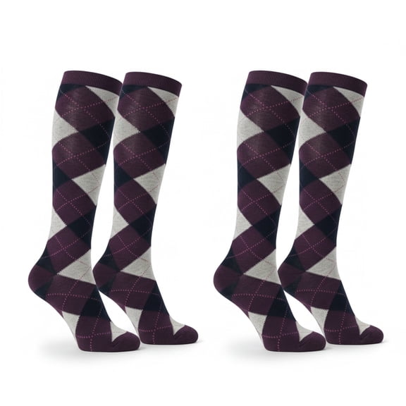 COUVER Women's Argyle Knee High Socks 2 Pairs Pack Black Gray Cream Size 9-11 (4 Count)