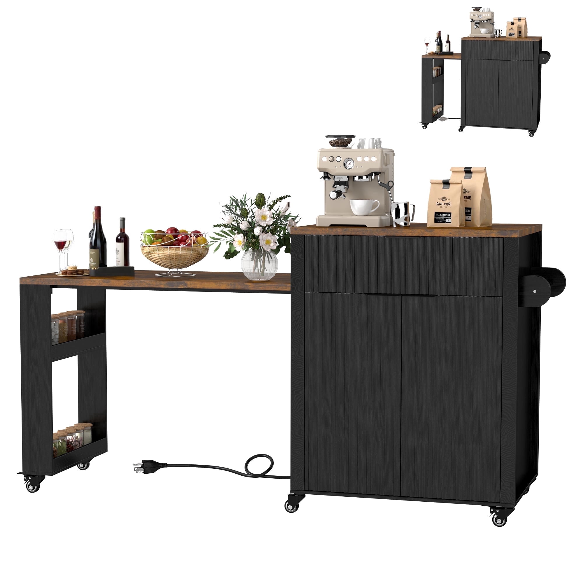 FOOWIN Kitchen Island with Extendable Dining Table, Mobile Island Table with Cabinets, Drawers, Power Outlets, Black
