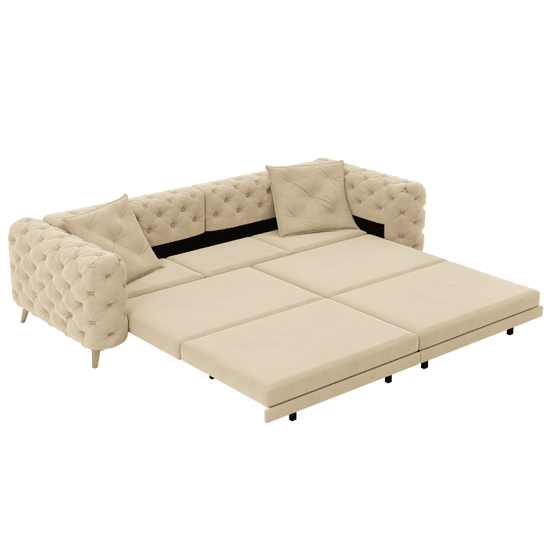 3-in-1 Convertible Sleeper Sofa Bed, 97.7'' 4-Seater Velvet Couch with Pull Out Bed & Movable Ottoman, Deep Seat Tufted Futon for Living Room, Apartment & Office