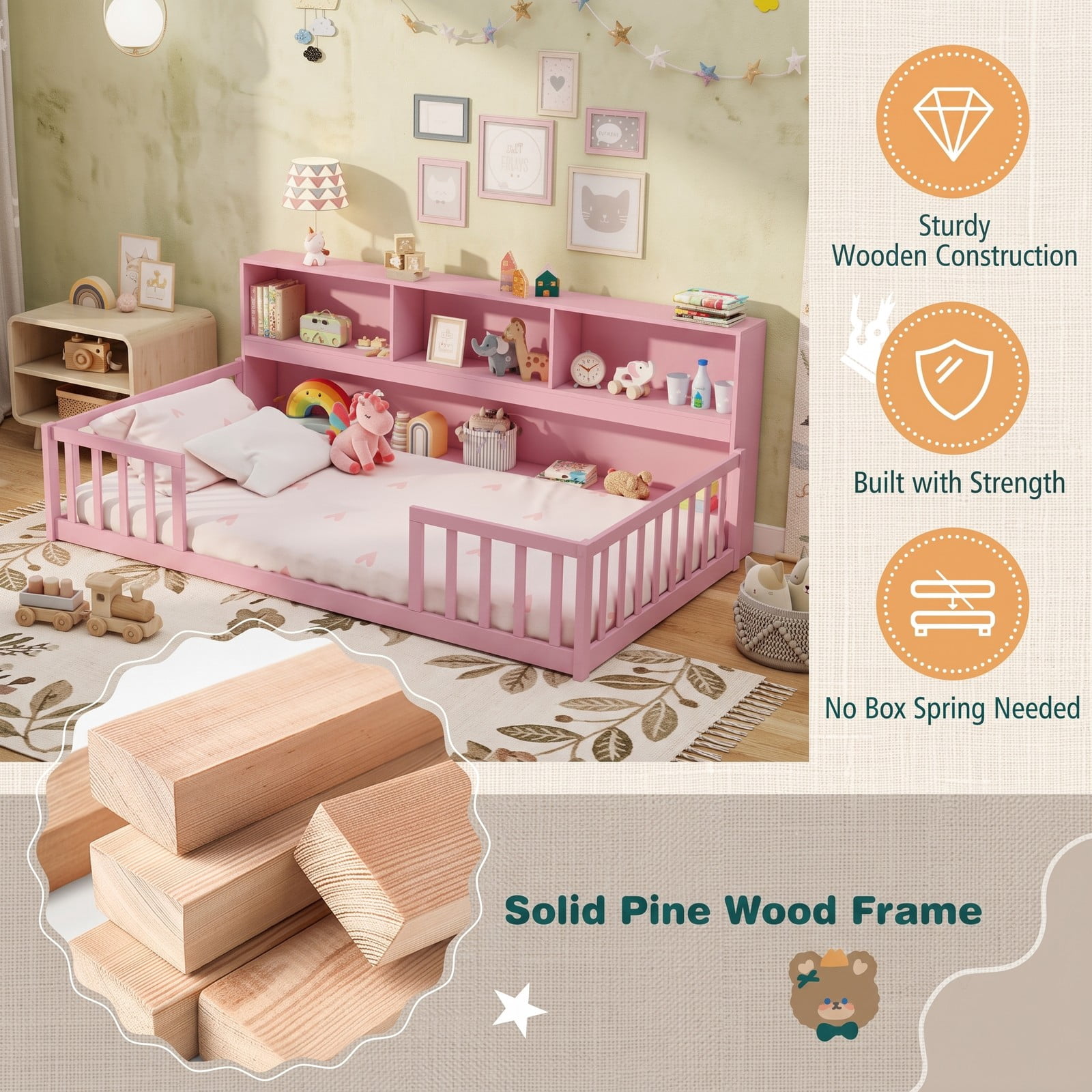 Furnibear Full Size Bed Frame Montessori Floor Bed with Bookcase Headboard and Full Length Fence Rails for Kids Room, Pink