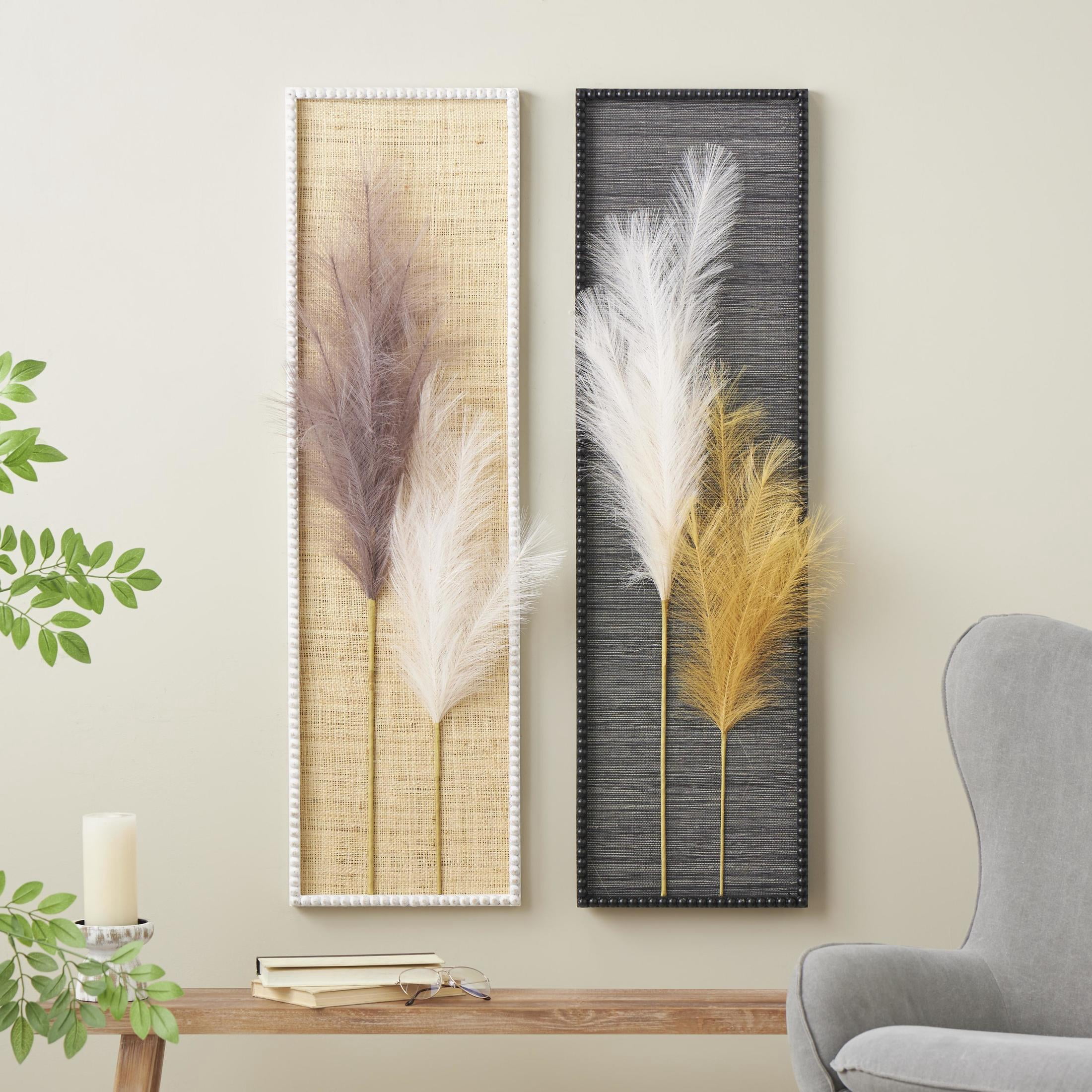 DecMode Brown Wood Handmade 3D Pampas Stem Leaf Wall Decor with Textured Backing and Beaded Frame (2 Count)