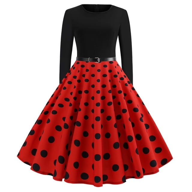 Robe Vintage Évasée Ligne A pour Femmes avec Ceinture, Manches Longues, Imprimé à Pois, Robe de Soirée