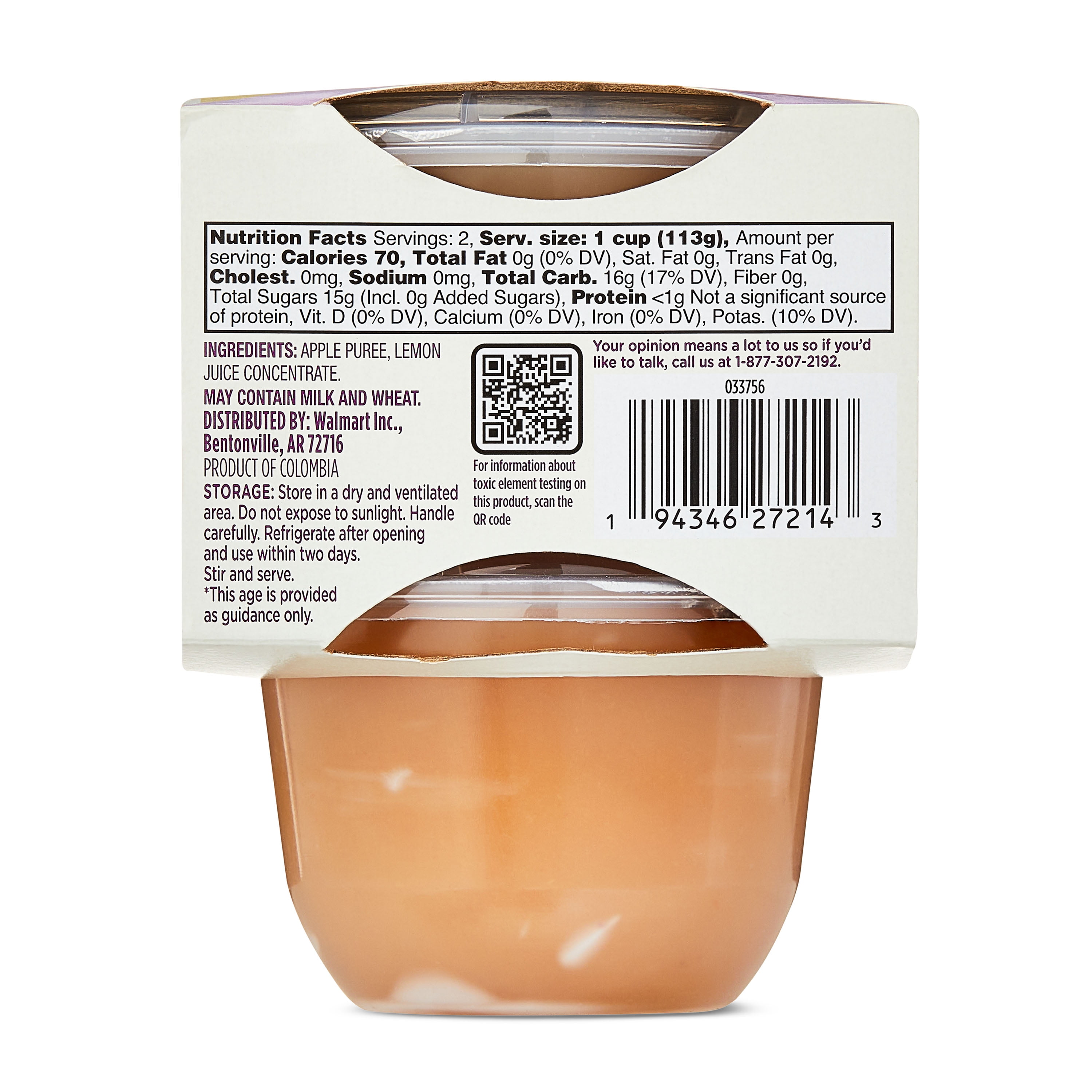 (12 pack) Parent's Choice Stage 1 Baby Food Apple Puree, 4 oz Cups, 2 Pack