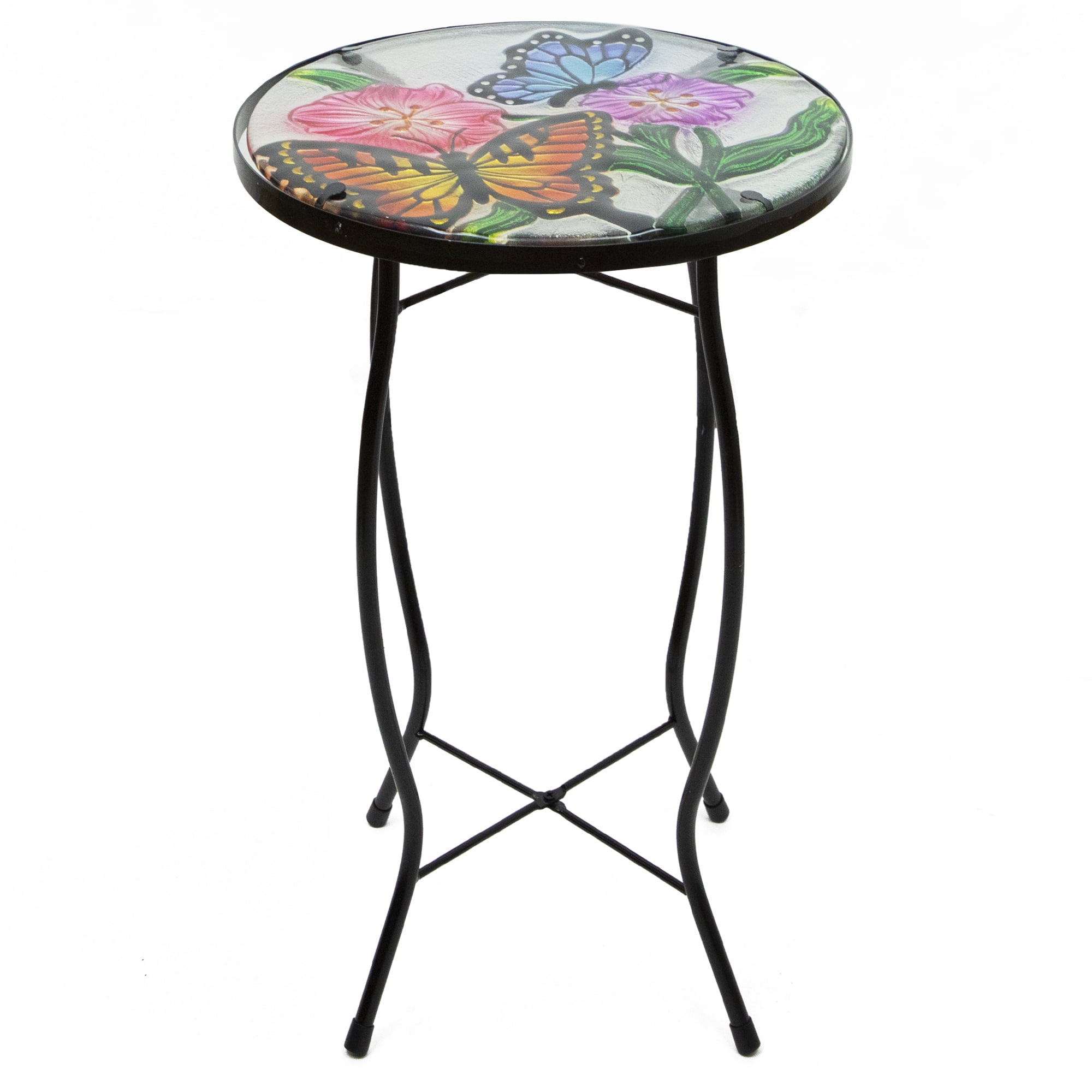 Northlight 19" Floral and Butterfly Glass Patio Side Table