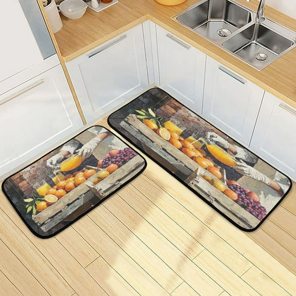 Kitchen Rugs and Mats【2 PCS】Non Skid Orange Juice Into The Fruit Creative Kitchen Mat