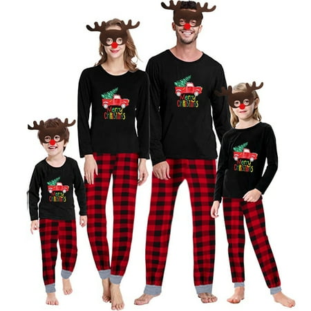 

GRNSHTS Family Christmas PJs Matching Sets Holiday Pajamas for Dad Mom Kids Printed Top Plaid Pants Sleepwear (Black Kids 5/6T)