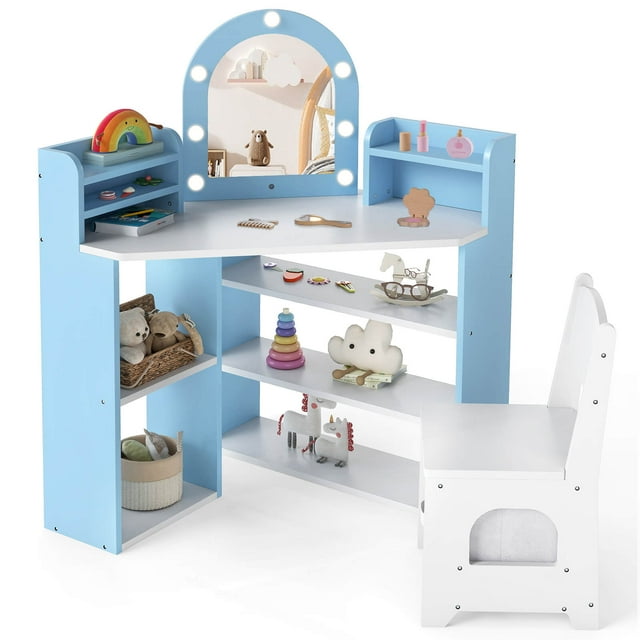 Costway Corner Kids Vanity with Lights, 3 Storage Shelves, 5 Open Compartments, Accessories Blue + White