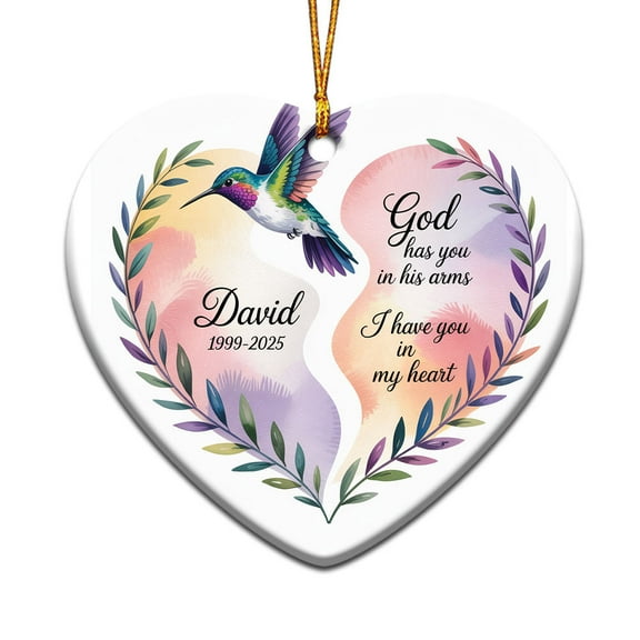 God Has You in His Arms I Have My Christmas Ornament, Custom Name Text Memorial Christmas Ornaments Gift for Lost Loved One, Hummingbird in Loving Memory Christmas Ornament Xm