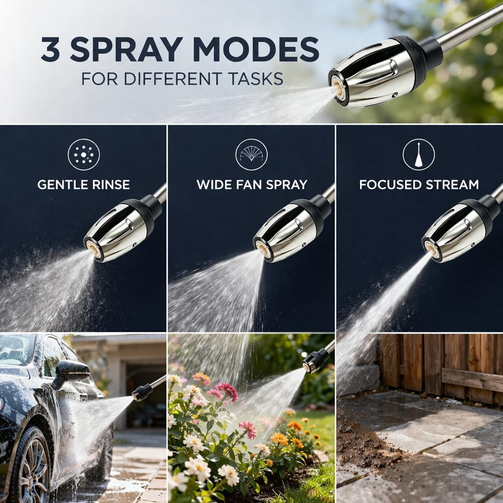 Cordless Pressure Washer, Stainless Steel Power Washer Wand with 360° Rotating Nozzle, 3 Spray Modes, Universal Hose Compatible for Car, Patio & Garden Cleaning (B) B
