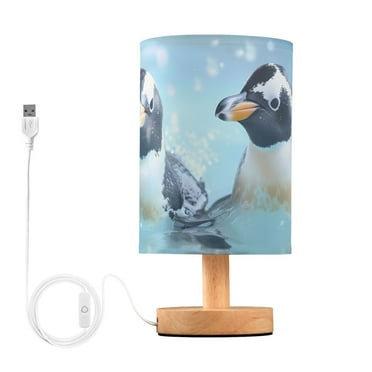 Cute Penguins in Water Bedside Desk Lamp LED Table Nightstand Lamps Warm Light Fabric Lampshade for Home Bedroom Office Living Room Decor