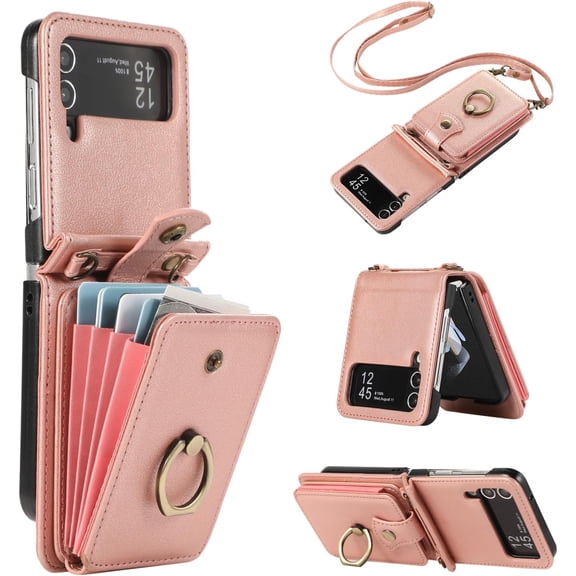 MYKOMI Phone Case for Samsung Galaxy Z Flip 3 5G 2021 Wallet Cell Cover with and Crossbody Strap Ring Stand RFID Credit Slot Card Holder Leather Flip ZFlip3 Z3 Flip3 3Z Women Men Girls