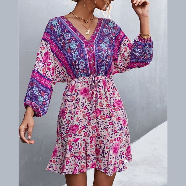 Vestido Estampado Floral Para Mujer, Vestido Cómodo Con Cuello En V, Vestido Corto Floral, Mangas Largas Abullonadas, Cintura Alta Elástica De Poliéster Para El Trabajo ANGGREK No