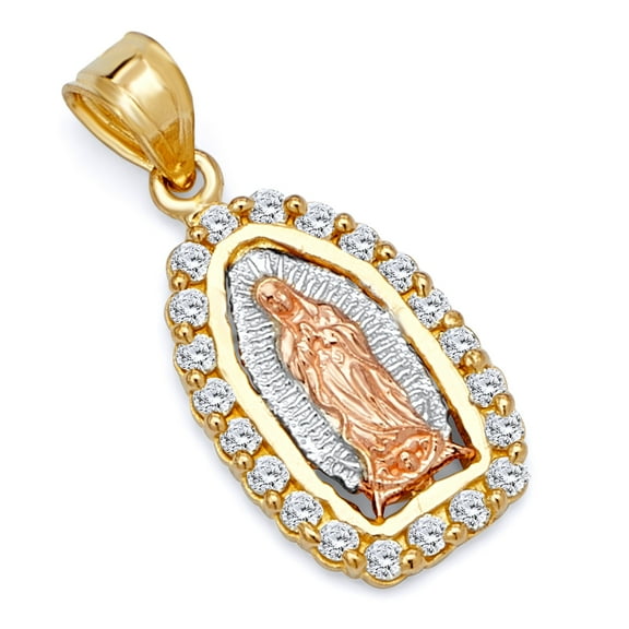 Wellingsale 14K Tri 3 Color Gold Polished Milgrain Ornate Religious Our Lady Of Guadalupe Pendant with CZ Accents