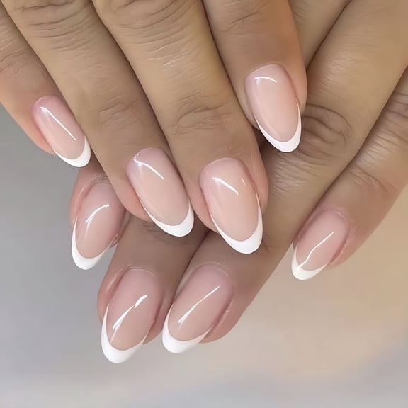 RAGUPEL White French Tip Press on Nails Short Almond Nails False Nails Full Cover Glossy Acrylics Stick on Nails Glue on Nails Artificial Nails for Women Nail Art Manicure Decoration 24pcs